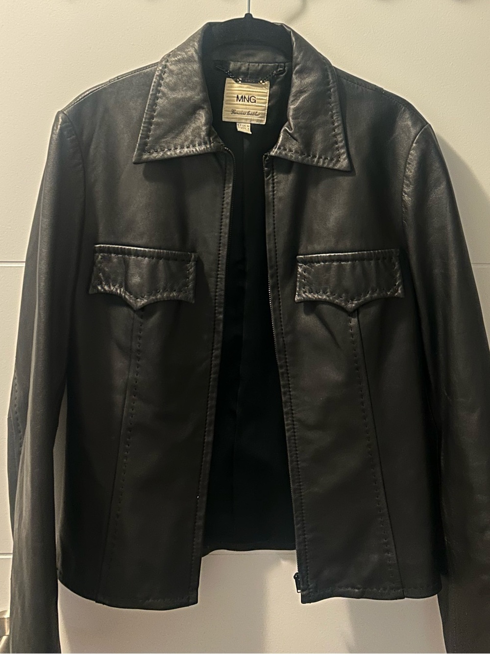 Mango Fitted Black Leather Jacket with Flap Pockets